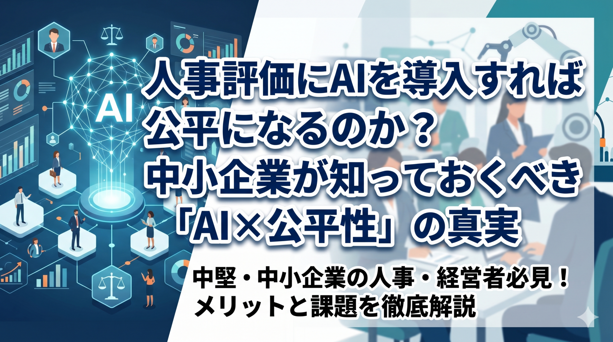 人事評価にAIを導入すれば公平になるのか？中小企業が知っておくべきAI×公平性の真実を解説した記事のアイキャッチ画像。中小企業向けの人事・組織の実務情報