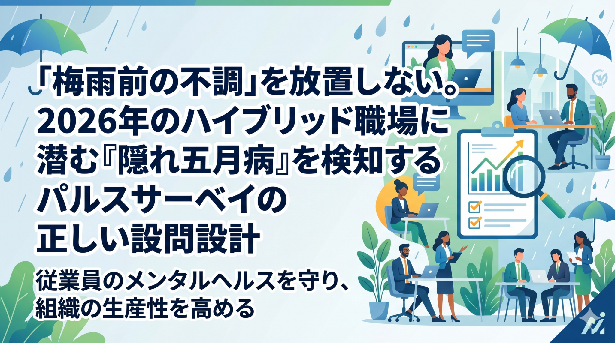 梅雨前の不調を放置しない。2026年のハイブリッド職場に潜む隠れ五月病を検知するパルスサーベを解説した記事のアイキャッチ画像。中小企業向けの人事・組織の実務情報