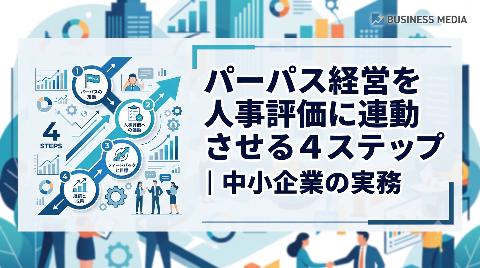 パーパス経営を人事評価に連動させる4ステップを解説した記事のアイキャッチ画像。中小企業向けの人事・組織の実務情報