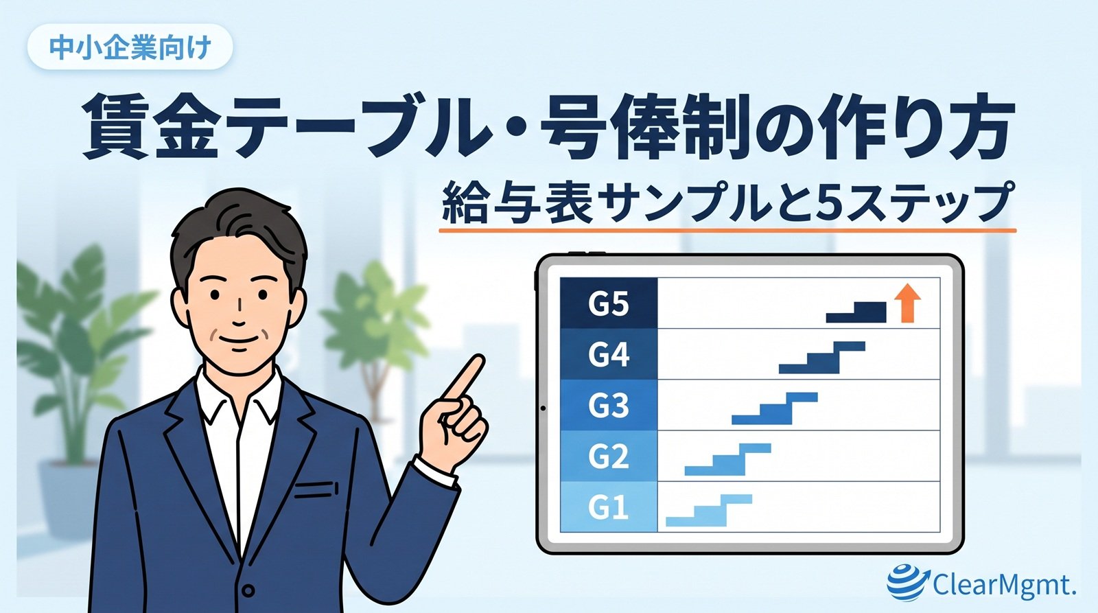 賃金テーブル・号俸制の作り方を、G1〜G5の5等級と号俸の階段で表した記事のアイキャッチ画像